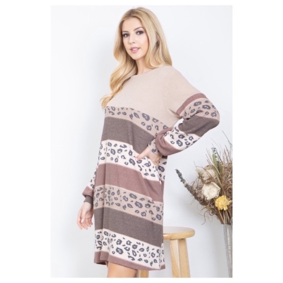 🤎LAST1️⃣🤎New Adorable Color Block Leopard Print Rib Knit Dress - Picture 6 of 8